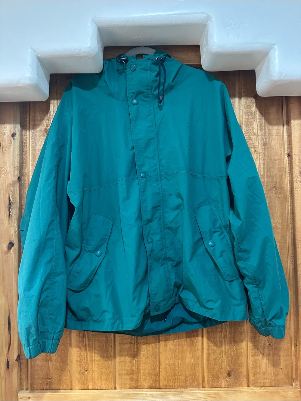 Eddie Bauer Mens Hooded Windbreaker Jacket Teal Size L Button Stand-Up Collar